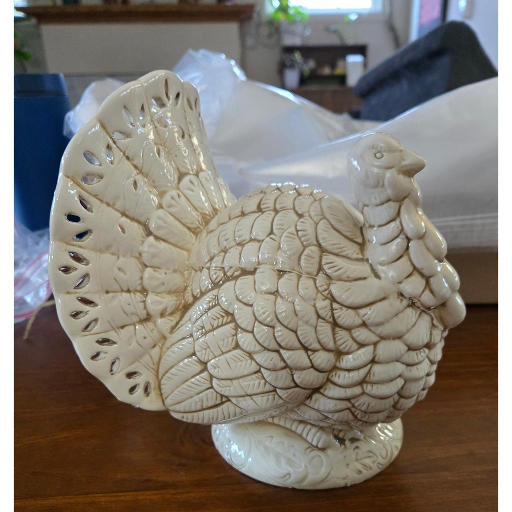 Ceramic Thanksgiving Turkey Figurine Cream Glazed Openwork Tail Fall Decor 8 x 9